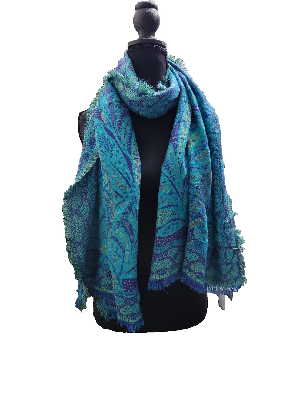 Womens Teal Turquoise Purple Paisley Woven Scarf Shawl Wrap Boho Fringe